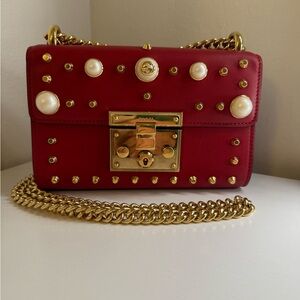 GUCCI Red Leather Stud & Faux Pearl Padlock Shoulder Bag